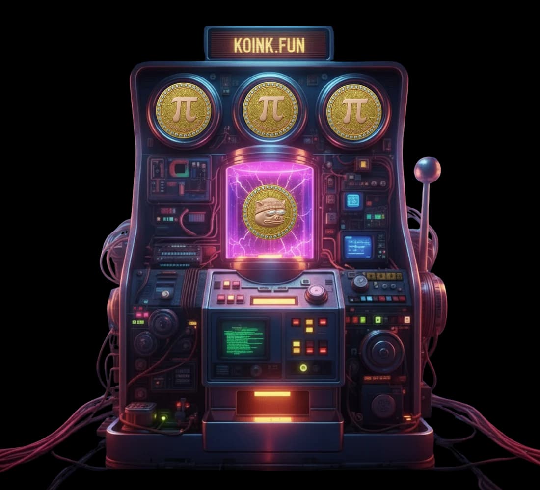 The Quantum Koinkulator with three golden Pi reels and a glowing pink chamber